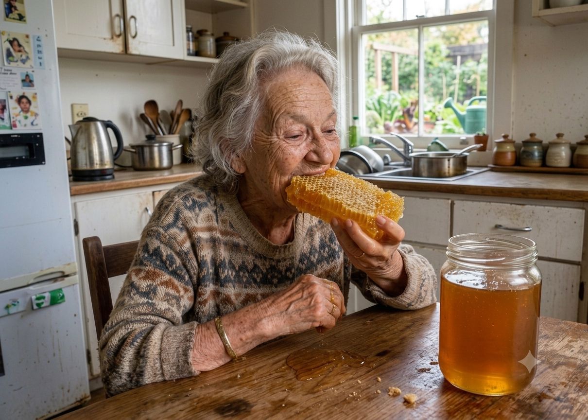 Senhora comendo favo de mel na cozinha